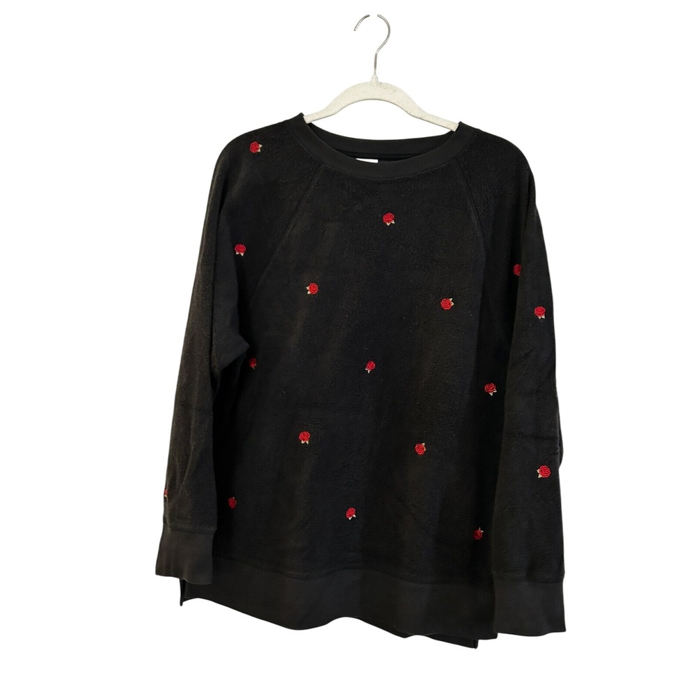 Victorias Secret PINK Small Black Rose Floral Embroidered Fleece Crew Sweatshirt